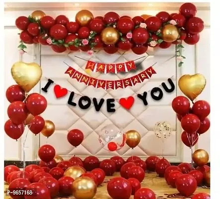 Trendy Red I Love You Decoration Happy Anniversary Combo Kit 45Pcs Heart Foil Balloon Red -Gold Metallic Balloon,For Adult, Husband, Wife Birthday Party Decoration