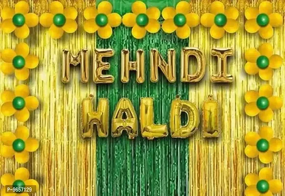 Trendy Haldi Mehndi Decoration Pack Of 108 Items Decoration Kit - 1 Mehndi Foil 1 Haldi Foil 2 Gold Curtains 1 Green Curtains 80 Yellow Balloons 20 Green Balloons-thumb0