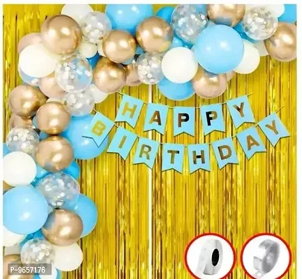 Trendy Kalrazz Propz Light Blue With Golden Happy Birthday Decoration Items Kit Combo Set Birthday Paper Bunting Golden Foil Curtain Metallic Balloons With Arch And Glue Dot - 35 Pieces-thumb0