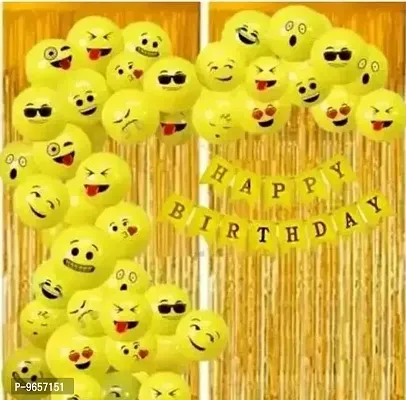 Trendy Solid Happy Birthday Decoration Combo Set Of 1Pc Happy Birthday Yellow Banner, 20Pcs Smiley Emoji Balloons, 2Pcs Gold Fringe