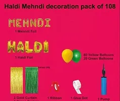 Trendy Haldi Mehndi Decoration Pack Of 108 Items Decoration Kit - 1 Mehndi Foil 1 Haldi Foil 2 Gold Curtains 1 Green Curtains 80 Yellow Balloons 20 Green Balloons-thumb1