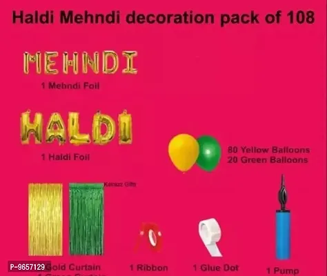 Trendy Haldi Mehndi Decoration Pack Of 108 Items Decoration Kit - 1 Mehndi Foil 1 Haldi Foil 2 Gold Curtains 1 Green Curtains 80 Yellow Balloons 20 Green Balloons-thumb2