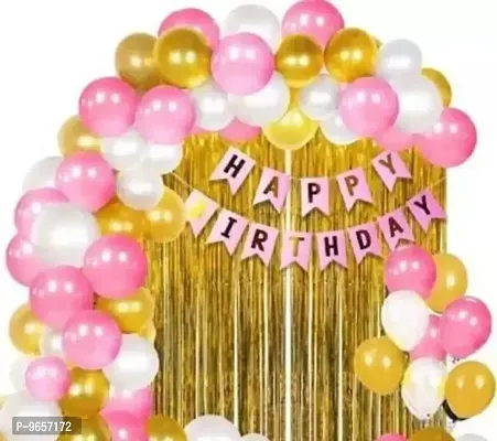 Trendy Sqe 1 Set Happy Birthday Banner 30 Gold White And Pink Balloon 2 Pcs Gold Curtain