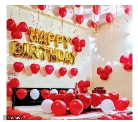 Happy Birthday Foil Letters Balloons Set of 13 Pieces (Golden) +FREE RIBBON Pack of 43 Party Decoration Balloons (Red  White Color)
