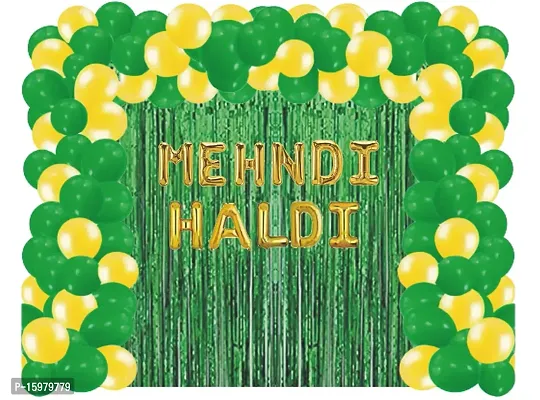 Haldi Mehndi Ceremony Decoration Pack of 46 items Kit contains 1 Mehndi 1 Haldi 2 Green Curtains 40 Balloons 1 Glue Dot 1 Arch for decoration at Home or Party/Celebration Hall