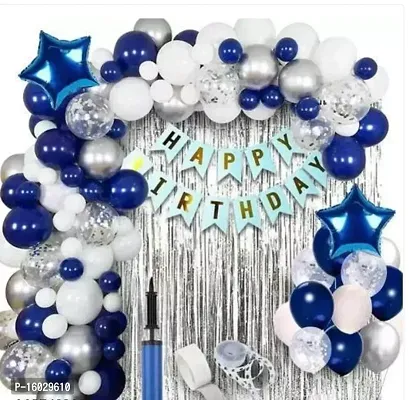 Blue  Silver Happy Birthday Decoration Wife and Husband Items Kit Combo Set Birthday Bunting Silver Foil Curtain Metallic Confetti Balloons With Hand Balloon Pump And Glue Dot-thumb0