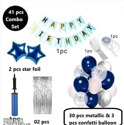Blue  Silver Happy Birthday Decoration Wife and Husband Items Kit Combo Set Birthday Bunting Silver Foil Curtain Metallic Confetti Balloons With Hand Balloon Pump And Glue Dot-thumb2