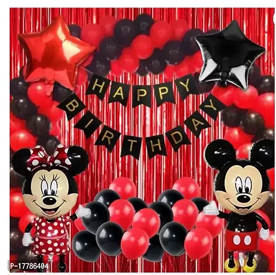 Mickey-Minnie Mouse Jumbo Combo,Black Happy Birthday Banner 50 Red,Black Balloons 2 Red Curtain 2 18inch Star Set of 57  (Set of 57)