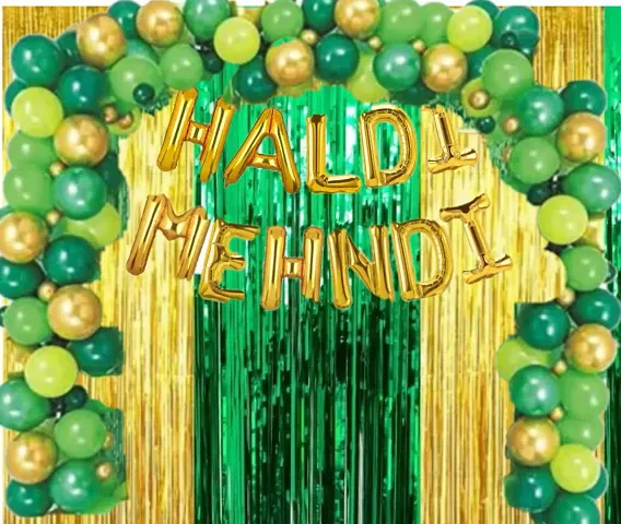 Haldi Mehndi Decorations Kit|49-Piece Set| Mehndi Foil| Haldi Foil|2 Golden|1 Green Curtains|35 Golden, Dark Green, Light Green Balloons|Yellow Metallic Balloons