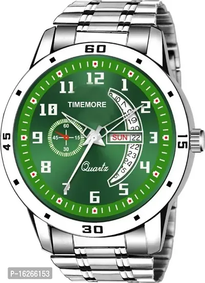 TIMEMORE Day and Date Functioning Green Dail Steel Strap New Quartz Analog Watch  - For Men