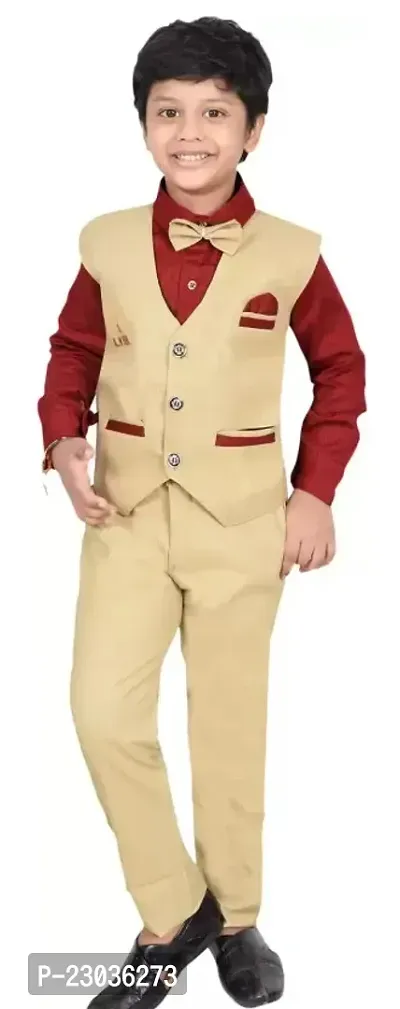 Boys Festive and Party Shirt Waistcoat and Pant Set Beige