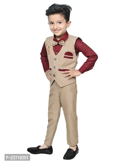 Stylish Cotton Beige Solid Shirt, Waistcoat and Pant Set For Boys-thumb3