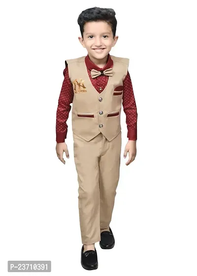 Stylish Cotton Beige Solid Shirt, Waistcoat and Pant Set For Boys-thumb0