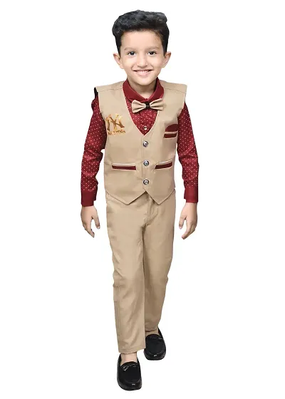 Stylish Solid Shirt, Waistcoat and Pant Set For Boys