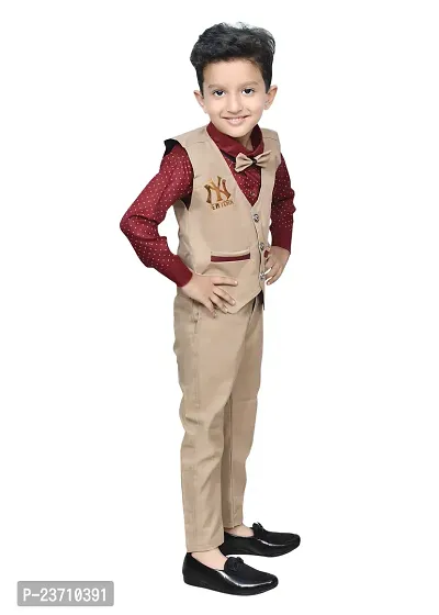 Stylish Cotton Beige Solid Shirt, Waistcoat and Pant Set For Boys-thumb4