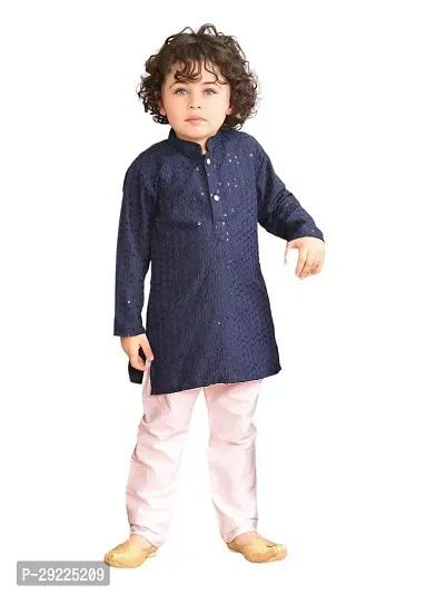 Stylish Navy Blue Cotton Kurta Pajama Set For Boys-thumb0