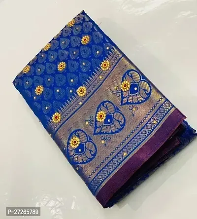 Stylish Brocade Blue Woven Design Saree with Blouse piece For Women-thumb0