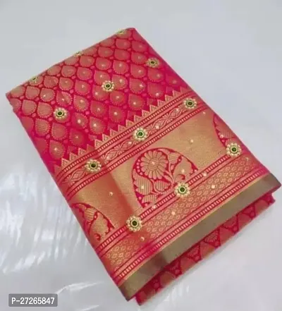 Stylish Brocade Pink Woven Design Saree with Blouse piece For Women-thumb0