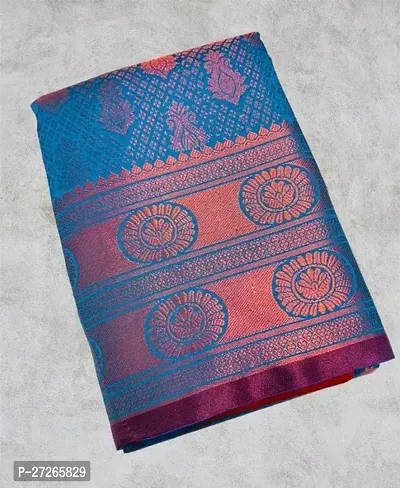 Stylish Brocade Blue Woven Design Saree with Blouse piece For Women-thumb0