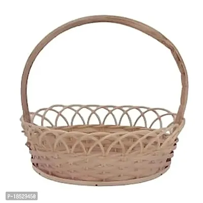 HM SERVICES Bamboo Oval Shape Flower Basket with Handle Best for Puja Dining Table and Home Decoration Fruit Basket (Size-8 inch) (Large)