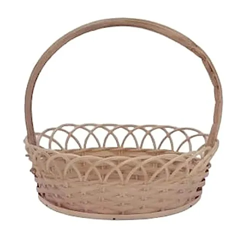 HM SERVICES Bamboo Oval Shape Flower Basket with Handle Best for Puja Dining Table and Home Decoration Fruit Basket (Size-9 inch)