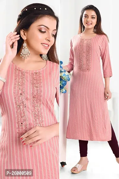 Stylish Pink Cotton Straight Embroidered Kurti For Women