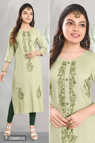 Stylish Green Cotton Straight Embroidered Kurti For Women
