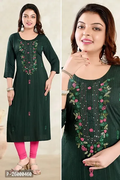 Stylish Green Cotton Straight Embroidered Stitched Kurti For Women-thumb0