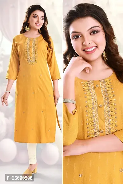 Stylish Yellow Cotton Straight Embroidered Kurti For Women