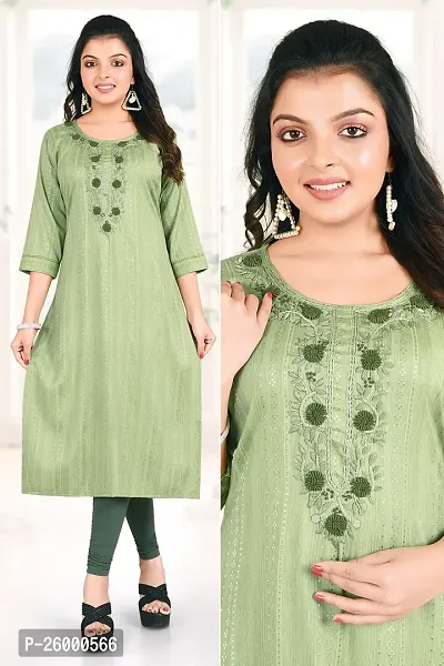 Stylish Green Cotton Straight Embroidered Kurti For Women-thumb0