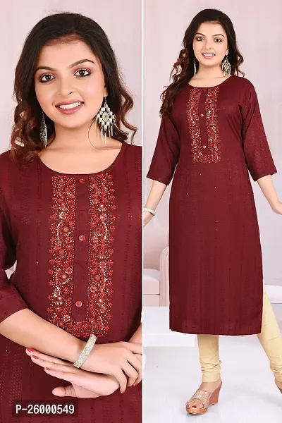 Stylish Red Cotton Straight Embroidered Kurti For Women
