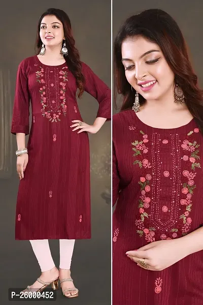 Stylish Red Cotton Straight Embroidered Stitched Kurti For Women
