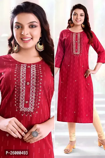 Stylish Red Cotton Straight Embroidered Kurti For Women-thumb0