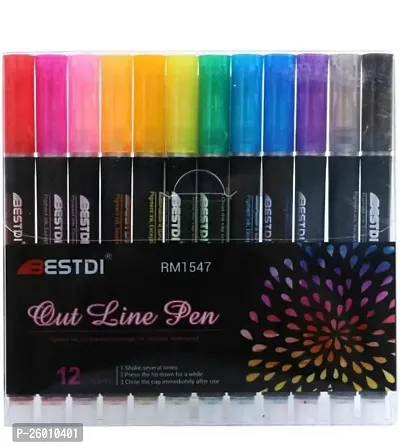 Double Effect Outliner Pen Self-Outline Metallic Markers Glitter Art and Craft Pen Writing Drawing Pens Stationery(Pack of 1,Pcs 12)