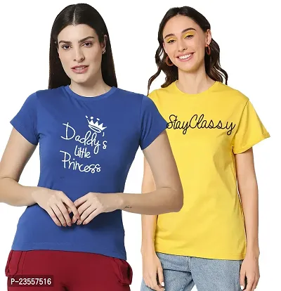 Elegant Cotton Blend Printed Round Neck T-Shirts For Women- Pack Of 2-thumb0