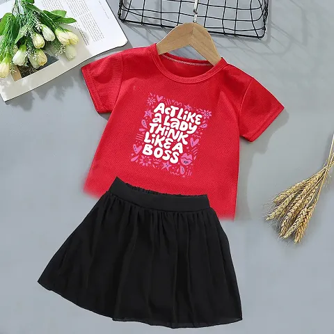 Pretty Cotton Printed Round Neck T-shirt With Short Skirt For Girls