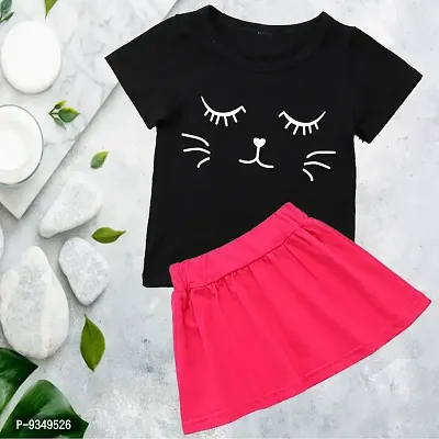 Stylish Fancy Cotton Blend Printed Half Sleeve T-Shirt And Skirt Set For Girls