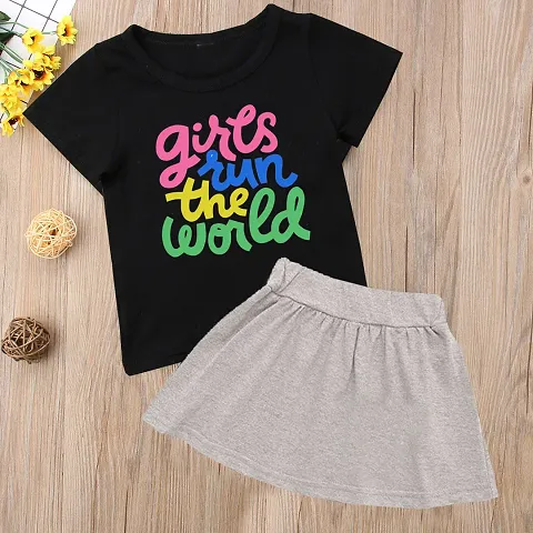 Pretty Cotton Printed Round Neck T-shirt With Short Skirt For Girls