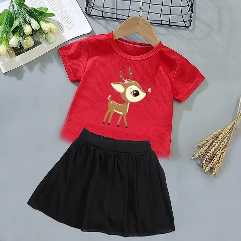 Stylish Fancy Blend Half Sleeve T-Shirt And Skirt Set For Girls