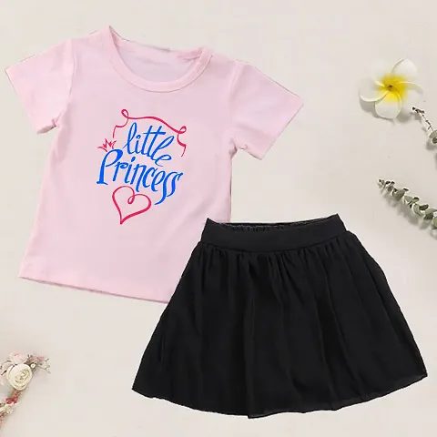 Pretty Cotton Printed Round Neck T-shirt With Short Skirt For Girls