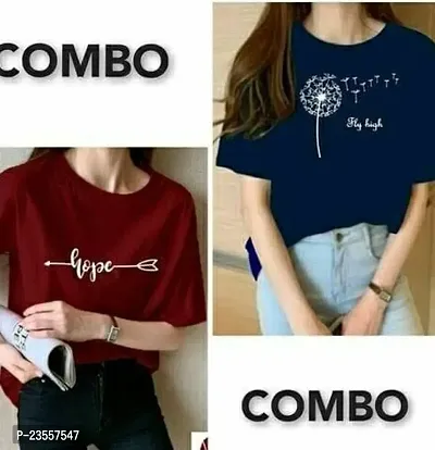 Elegant Cotton Blend Printed Round Neck T-Shirts For Women- Pack Of 2-thumb0