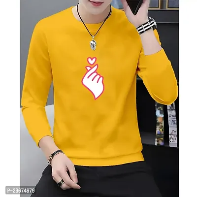 Reliable Yellow Cotton Blend Printed Round Neck Full Sleeve T Shirt For Men-thumb0