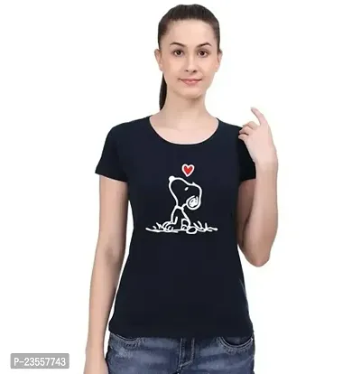 Elegant Black Cotton Blend Printed Round Neck T-Shirts For Women