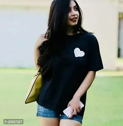 Elegant Black Cotton Blend Printed Round Neck T-Shirts For Women-thumb0