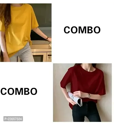 Elegant Cotton Blend Solid Round Neck T-Shirts For Women- Pack Of 2-thumb0