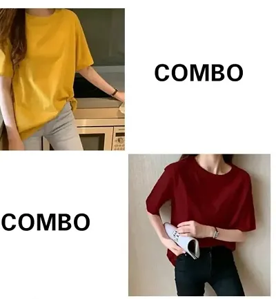 Elegant Blend Solid Round Neck T-Shirts For Women- Pack Of 2