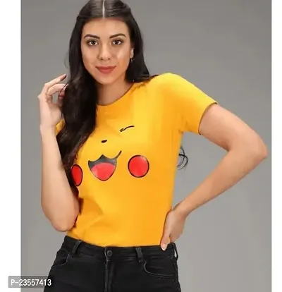 Elegant Yellow Cotton Blend Printed Round Neck T-Shirts For Women