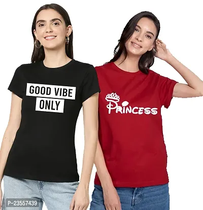 Elegant Cotton Blend Printed Round Neck T-Shirts For Women- Pack Of 2