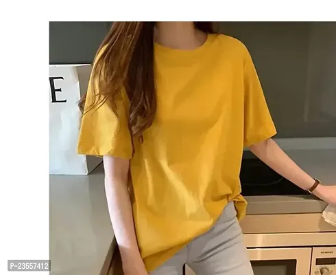 Elegant Yellow Cotton Blend Solid Round Neck T-Shirts For Women