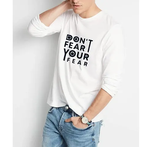 Cotton Blend White Full-sleeve Round Neck Tees for Men